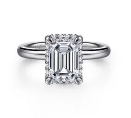 14k White Gold Emerald Cut Hidden Halo Diamond Engagement Ring