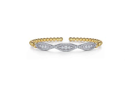 14K White & Yellow Gold Bujukan Beaded Diamond Cuff Bangle Bracelet