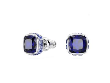 Birthstone stud earrings Square cut, September, Blue, Rhodium plated