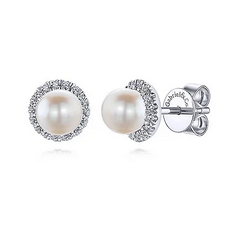 14k White Gold Round Diamond Halo Pearl Stud Earrings