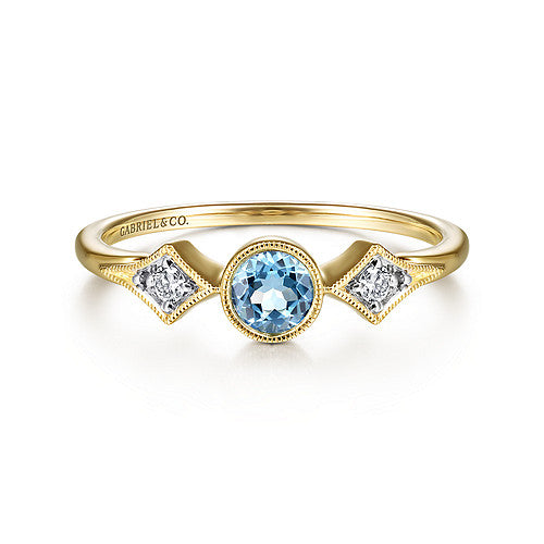 14k Yellow Gold Blue Topaz And Diamond Ring - 0.05 ct