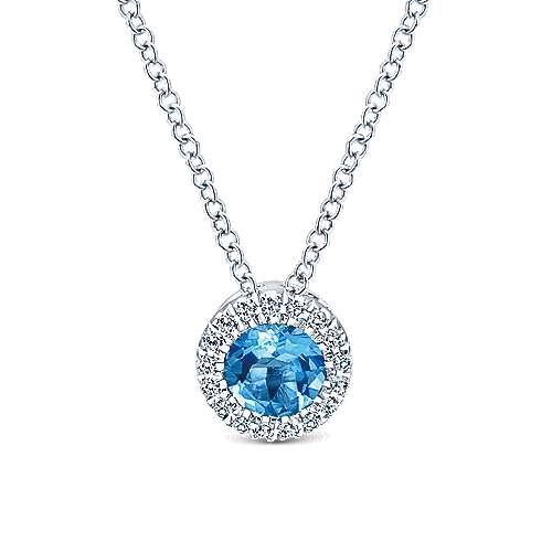 14K White Gold Round Swiss Blue Topaz and Diamond Halo Necklace