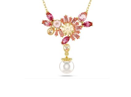 Gema pendant Mixed cuts, Crystal pearl, Flower, Pink, Gold-tone plated