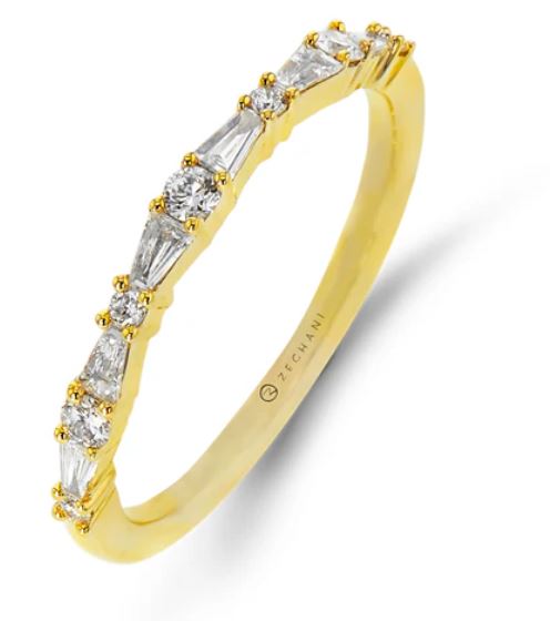 Lady's Yellow 14 Karat Prong Anniversary Ring Size 6.5 Old Key 250076 With 7 = 0.20Tw Round G Vs1 Diamonds And 6 = 0.21Tw Baguette G Vs1 Diamonds