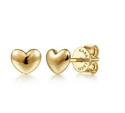 14k Yellow Gold Puff Heart Stud Earrings