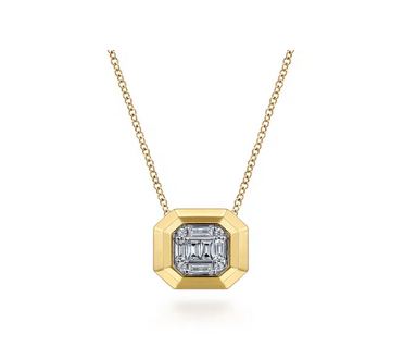 14K Yellow Gold Geometric Baguette and Round Diamond Pendant Necklace