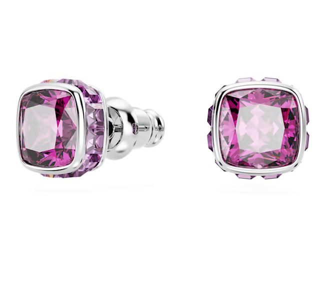 Birthstone stud earrings Square cut, February, Pink, Rhodium plated
