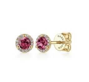 14K Yellow Gold Round Diamond Halo & Pink Tourline Stud Earrings