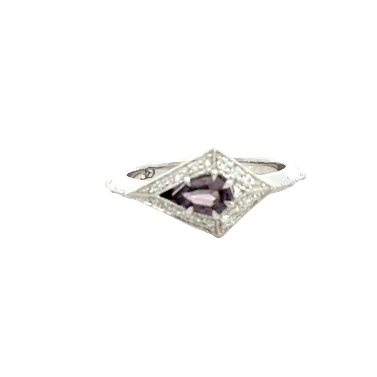 Lady's White 14 Karat Halo Fashion Ring Size 6.5 With One = 6.00X4.00Mm Kite Spinel And = 0.11Twt Round G/H Si1 Diamonds