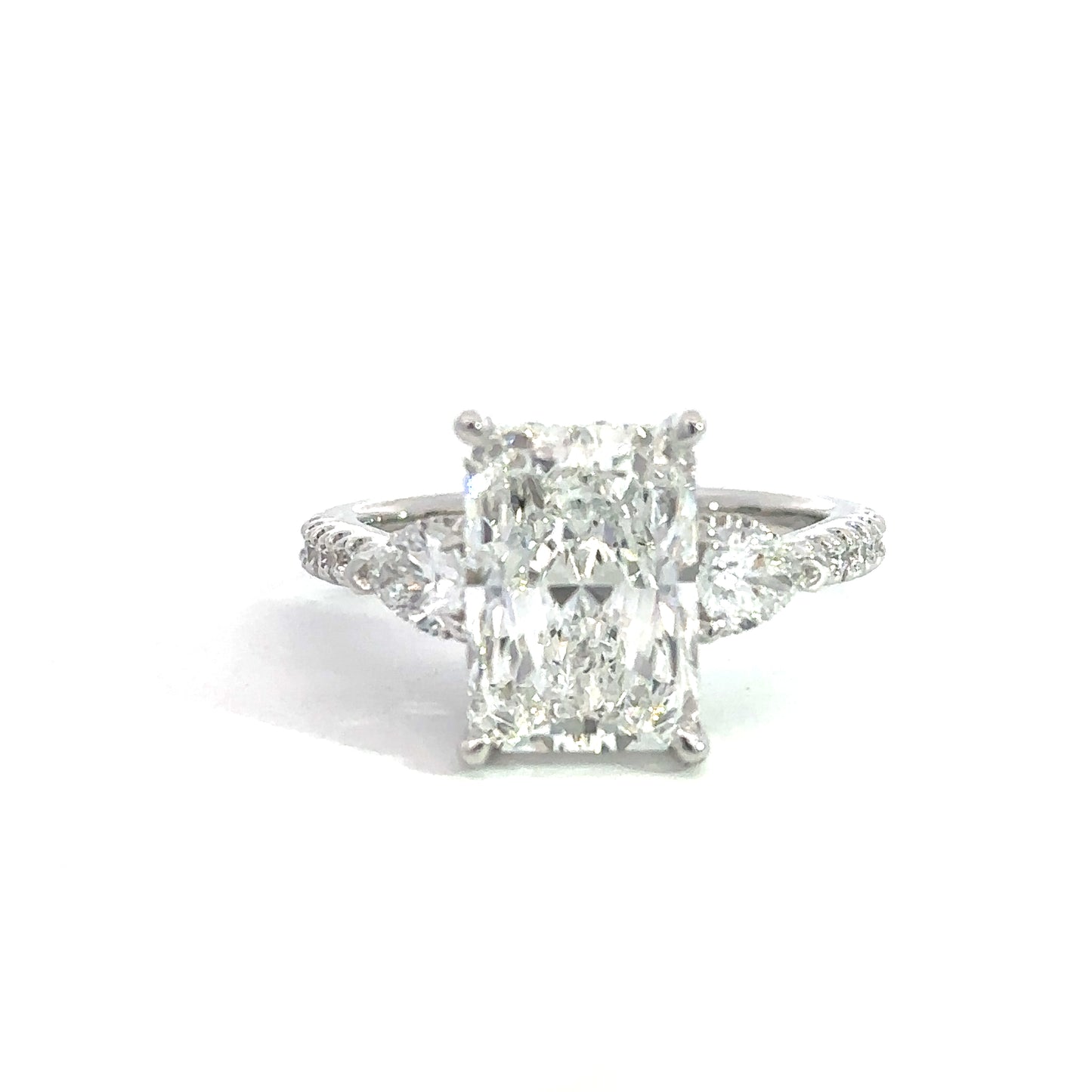 18K White Lab Grown 3 Stone Engagement Ring with 4ct Radiant Center Diamond