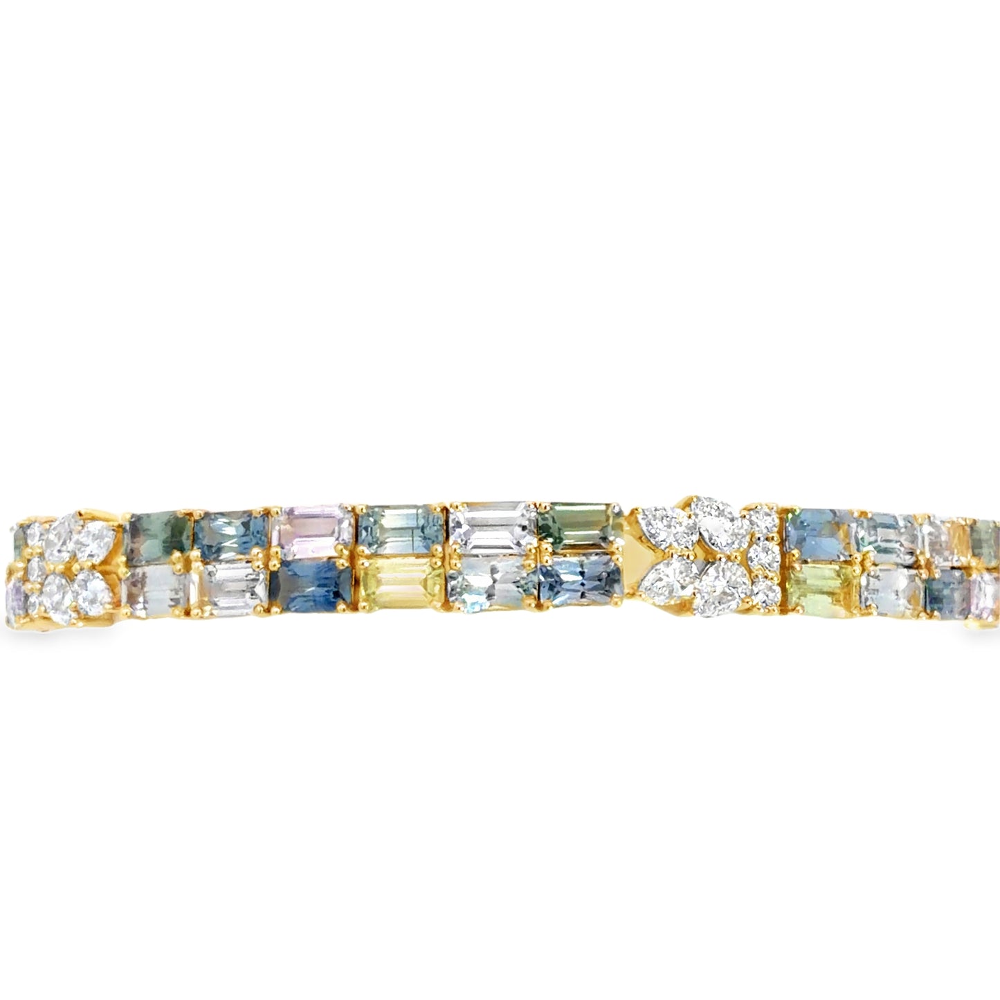 Lady's Yellow 18 Karat Tennis Bracelet Length 7 With 48 = 16.14Twt Various Shapes Sapphires And 35 = 0.30Twt Various Shapes H Si1 Diamonds