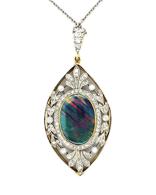 Edwardian 11.50ct Australian Lightning Ridge Black Opal Pendant PT + 18KY (Antique 1900s) 2ct Diamonds