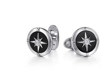 925 Sterling Silver Round Cufflinks with Diamond and Onyx
