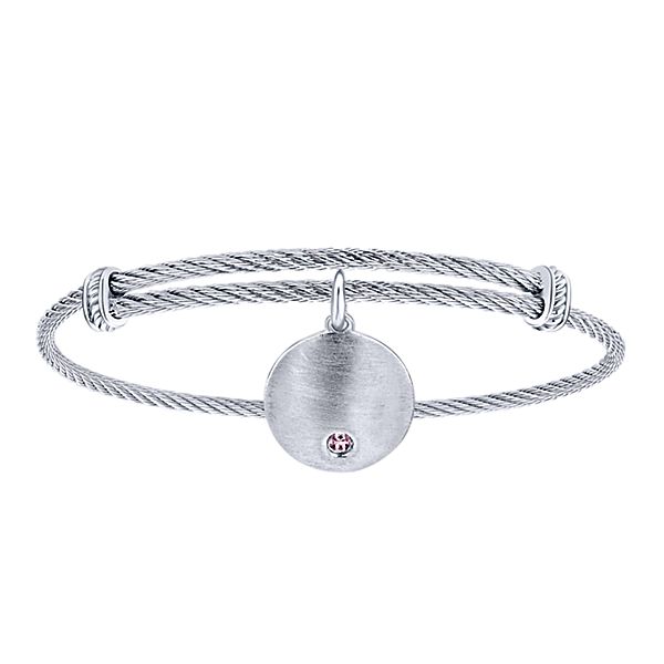 925 Silver/stainless Steel Round Charm Pink Created Zircon Bangle