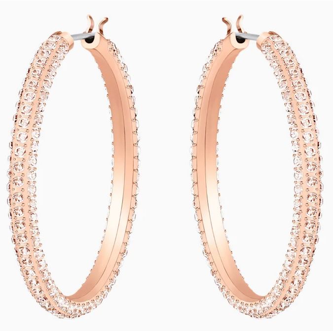 Dextera hoop earrings Pavé, Large, White, Rose gold-tone plated