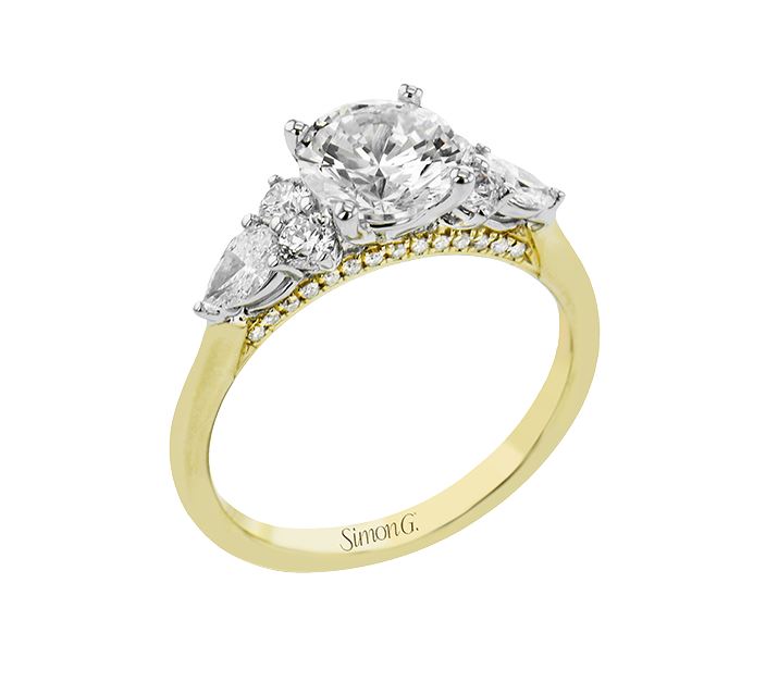 Two-Tone 18 Karat Floral / Organic Ring Size 6.5 With = 0.36Tw Round G Vs1 Diamonds And = 0.30Tw Pear G Vs1 Diamonds