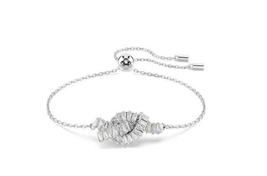 Matrix bracelet Baguette cut, Knot, White, Rhodium plated