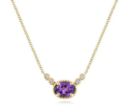 14K Yellow Gold Oval Amethyst Pendant Necklace with Diamond Accents
