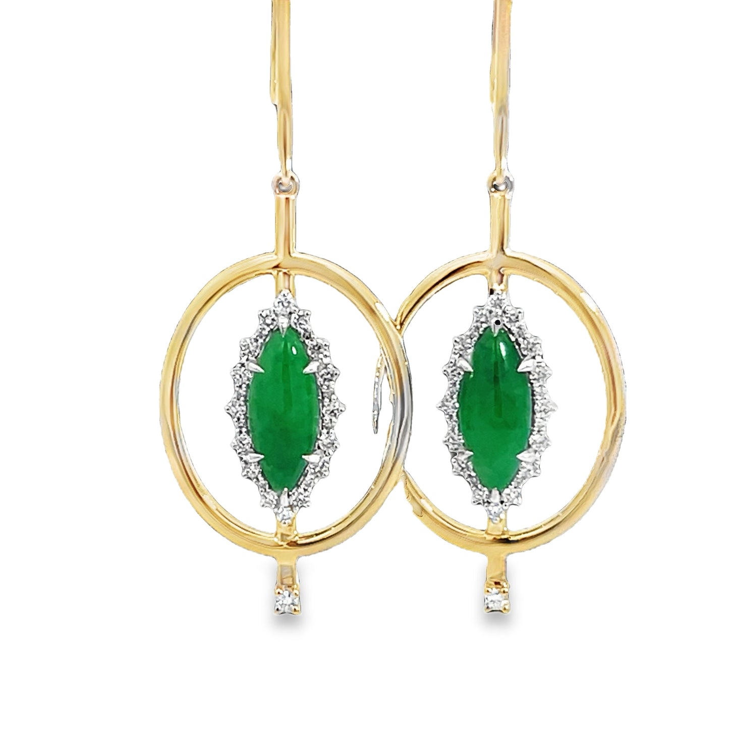 Lady's Yellow 14 Karat Emerald May Earrings With 2 = 4.19Tw Marquise Green Jades, 34 = 0.495Tw Round G/H Si1 Diamonds And 0.075 Twt Other Stones