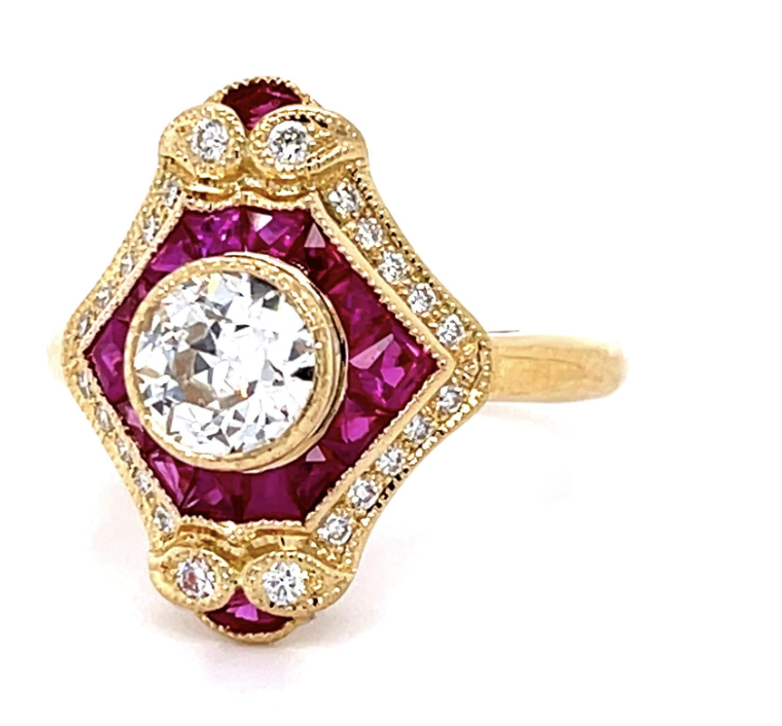 .70ct Old European Diamond 1.60ct Ruby 18KY Ring .17ct SD 6.10g 6.50 Size