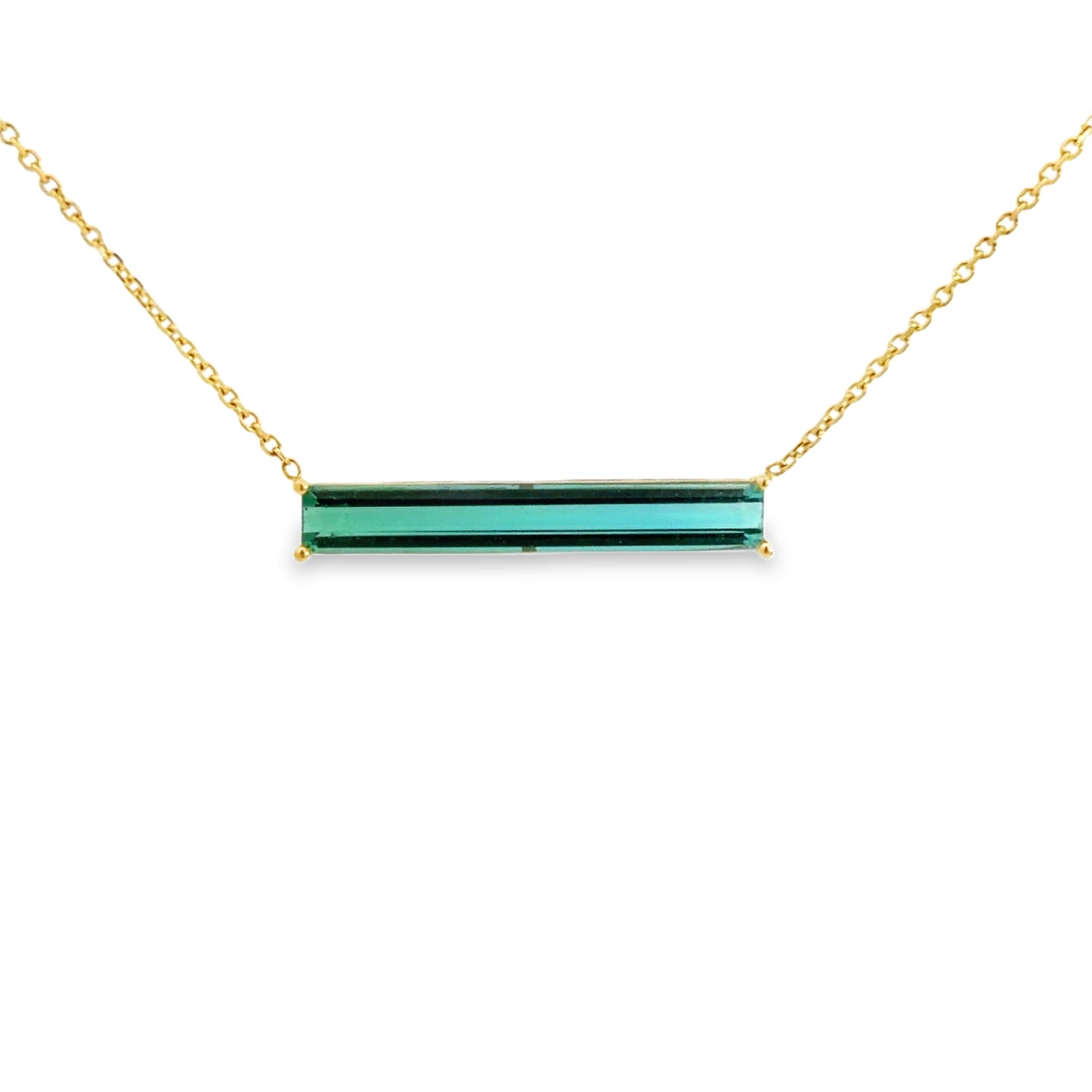 Lady's Yellow 14 Karat Bar Necklace Length 18 With One = 8.21Ct Emerald Tourmaline