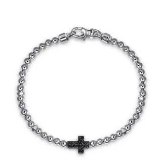 925 Sterling Silver and 4mm Silver Beaded Mens Bracelet with Black Spinel Cross