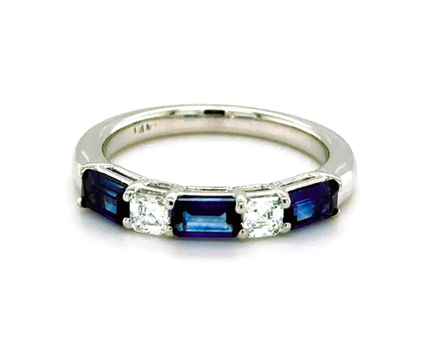 Lady's White 14 Karat 5 Stone Fashion Ring Size 6.5 With 3 = 0.98Tw Emerald Sapphires And 3 = 0.26Tw Round H Si1 Diamonds