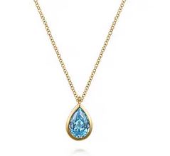 14k Yellow Gold Teardrop Blue Topaz Pendant Necklace