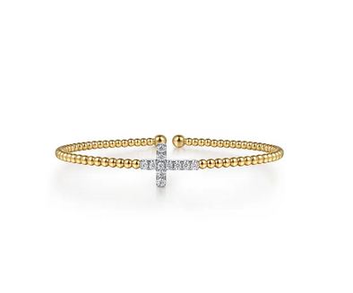 14K White & Yellow Gold Bujukan and Diamond Cross Split Bangle Bracelet