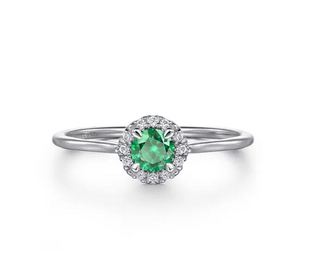 14K White Gold Emerald and Diamond Halo Ring