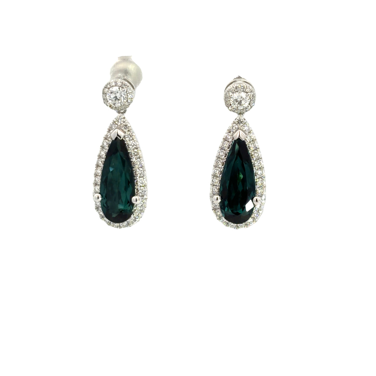 Lady's White 18 Karat Drop Earrings With 2 = 2.74Twt Pear Tourmalines And 80 = 0.64Twt Round G/H Si2 Diamonds