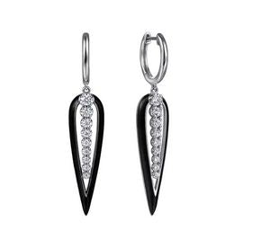 14K White Gold Graduating Diamond Huggie Drop Earrings with Black Enamel