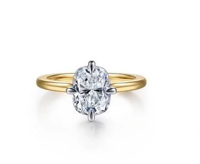 14K White-Yellow Gold Elongated Cushion Compass Prong Solitaire Diamond Engagement Ring