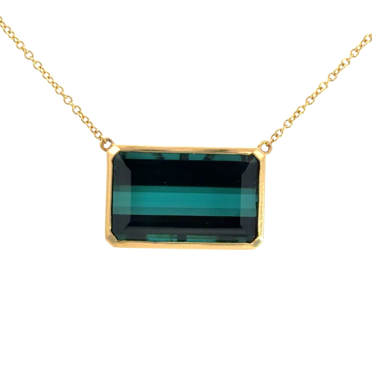 Lady's Yellow 18 Karat Bezel Necklace Length 18 With One = 8.86Ct Emerald Tourmaline