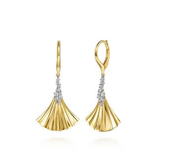 14K White & Yellow Gold Diamond and Diamond Cut Leverback Drop Earrings