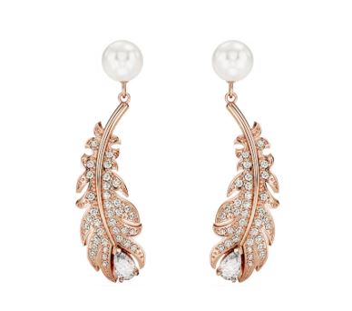 Idyllia drop earrings Crystal pearl, Mixed cuts, Feather, White, Rose gold-tone plated