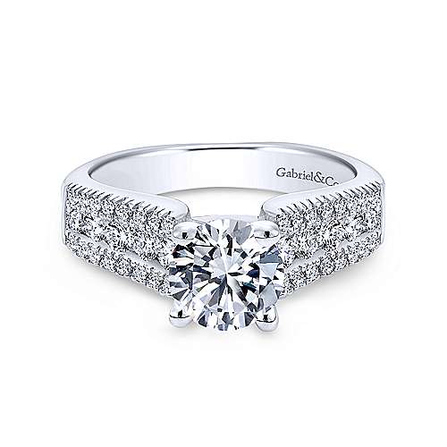 14K White Gold Wide Band Round Diamond Engagement Ring