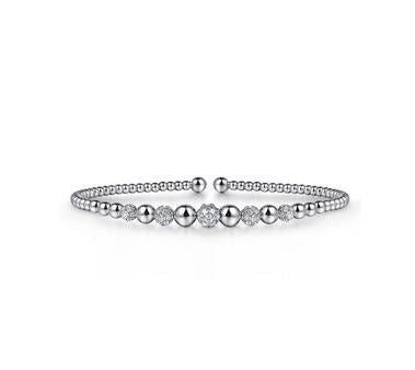 14K White Gold Bujukan Bead Cuff Bracelet with Pave Diamond Stations