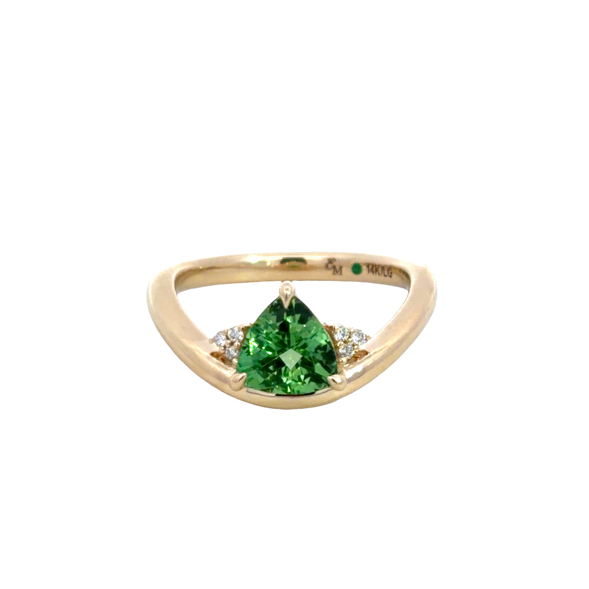 Lady's Yellow 14 Karat Emerald May Fashion Ring Size 6.5 With One = 1.08Ct Trillian Tourmaline, 6 = 0.03Twt Round G/H Si2 Diamonds And 0.005 Twt Other Stones