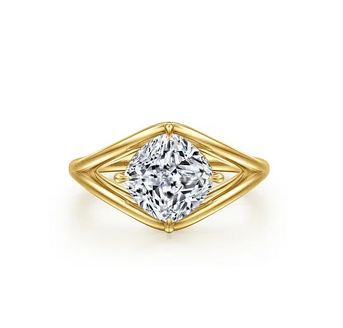14K Yellow Gold Split Shank Compass Prong Cushion Cut Diamond Engagement Ring