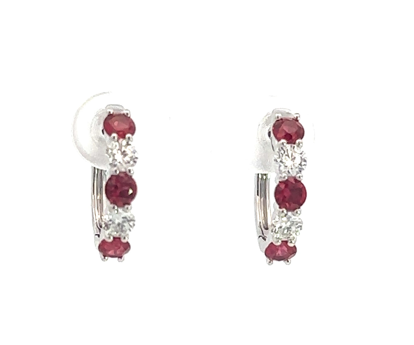 Lady's White 14 Karat Small Hoop Earrings With 6 = 0.95Tw Round Rubys And 4 = 0.54Tw Round G/H Si2 Diamonds