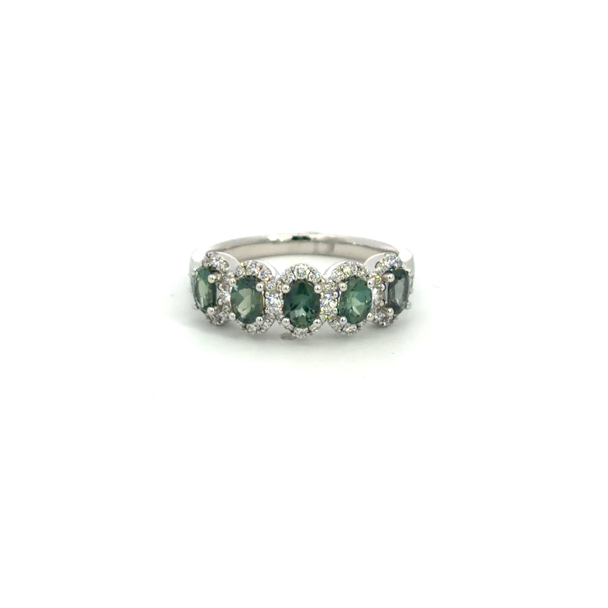 Lady's White 18 Karat Stackable Fashion Ring Size 6.5 With 5 = 1.00Twt Oval Alexandrites And 56 = 0.34Twt Round H Si1 Diamonds