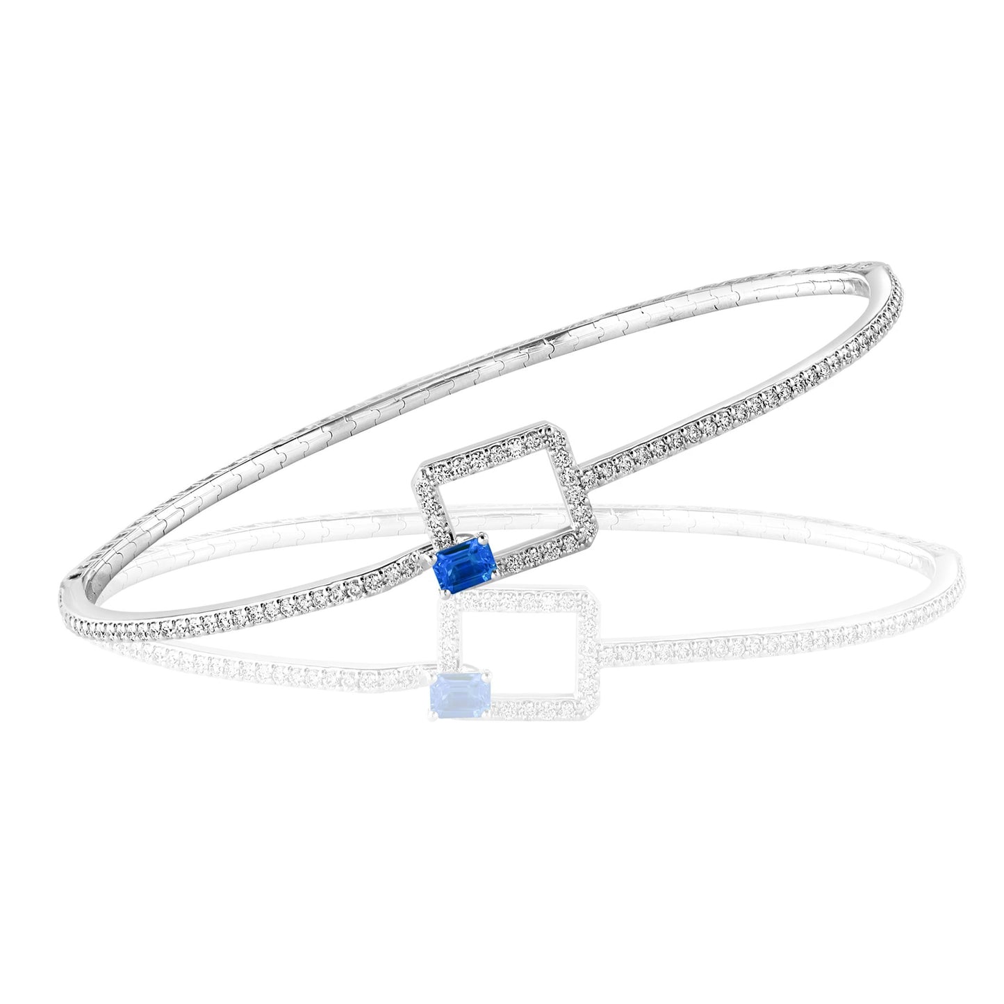 Lady's White 14 Karat Bangle Bracelet With One = 0.39Ct Emerald Sapphire And 87 = 0.63Tw Round Diamonds