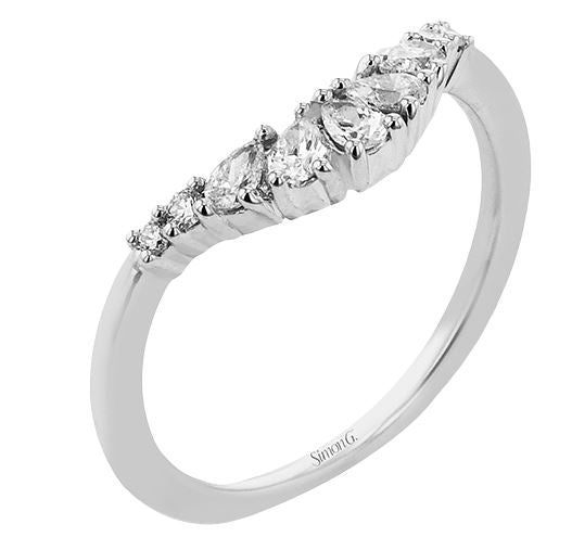Lady's White 18 Karat Curved Anniversary Ring Size 6.5 With 5 = 0.25Tw Pear G Vs1 Diamonds And 4 = 0.05Tw Round G Vs1 Diamonds