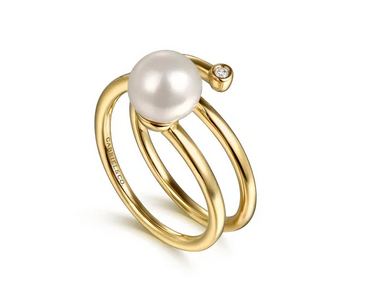 14K Yellow Gold Diamond and Pearl Bypass Ring