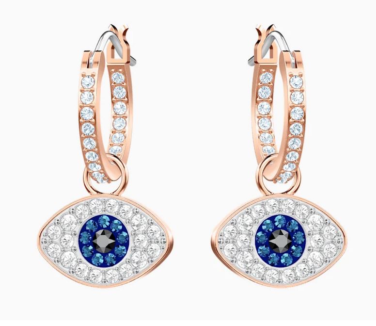Swarovski Symbolic Evil Eye Hoop Pierced Earrings, Blue, Rose-gold tone plated