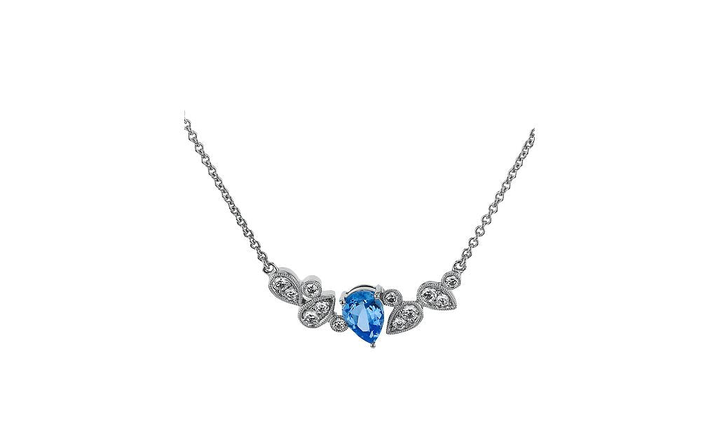 Lady's White 18 Karat Bar Necklace Length 18 With One = 0.57Ct Pear Aqua And 12 = 0.35Twt Round G Vs1 Diamonds