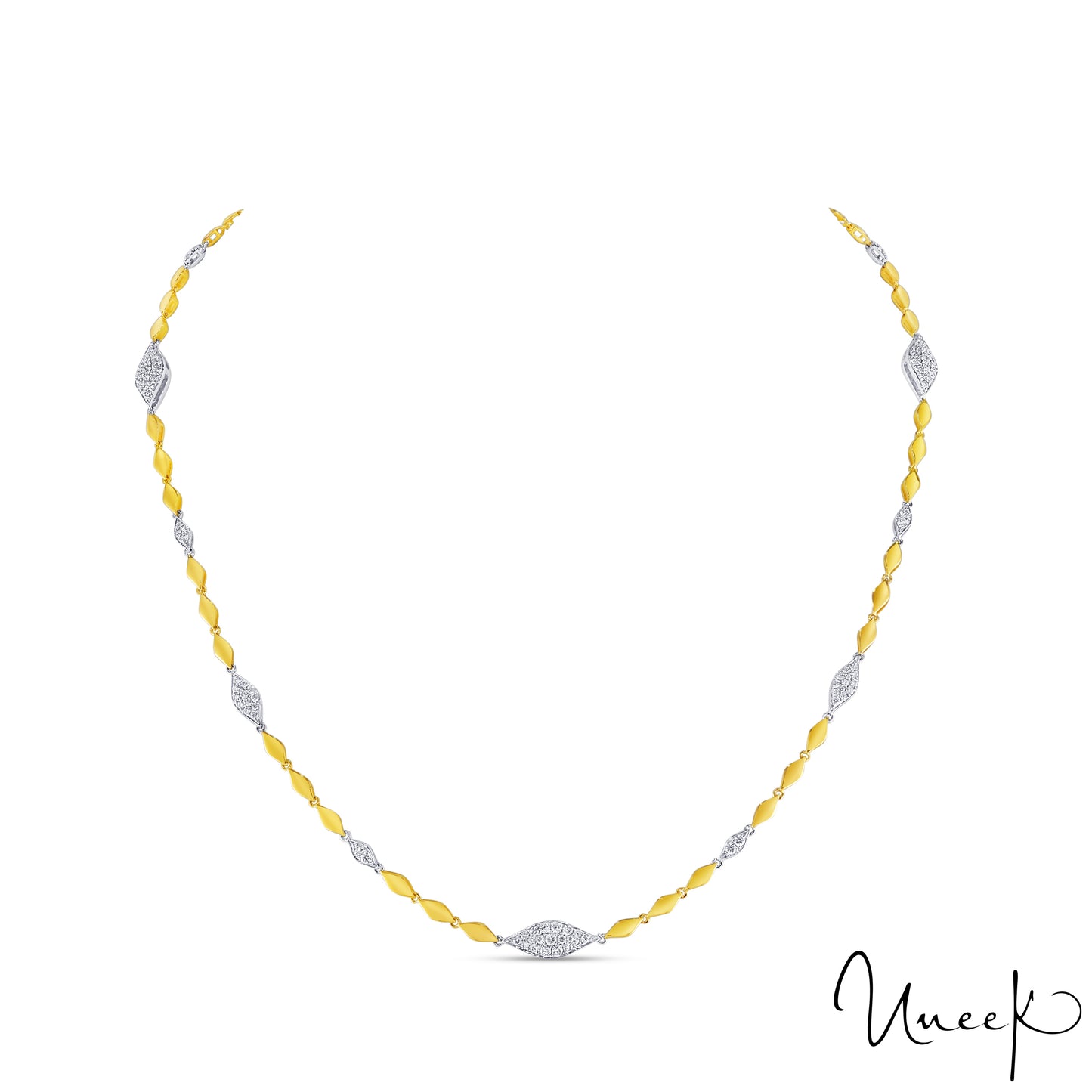 Lady's Two-Tone 18 Karat Station Necklace Length 19 With 242 = 2.68Twt Round G/H Si2 Diamonds