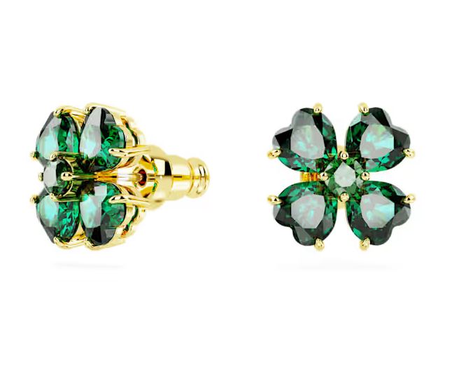 Idyllia stud earrings Clover, Green, Gold-tone plated