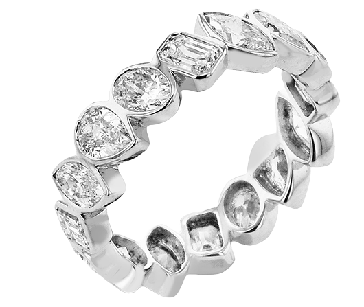 Lady's White 18 Karat Bezel Anniversary Ring Size 6.5 With 2 = 0.34Tw Emerald G Vs1 Diamonds, 2 = 0.34Tw Oval G Vs1 Diamonds And 0.81 Twt Other Stones